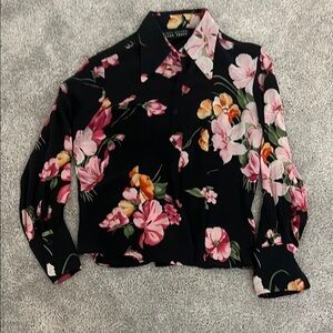 Linda Allard Ellen Tracy Floral Black Silk Women's Button down Blouse Sz 6